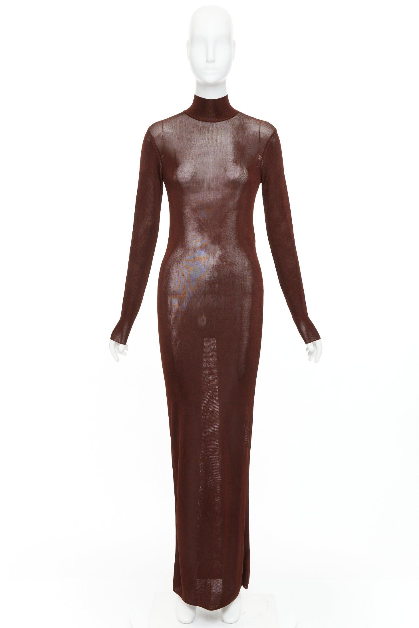 SAINT LAURENT 2023 Runway chocolat brun foncé robe longue à encolure fantaisie en maille transparente S en vente 6