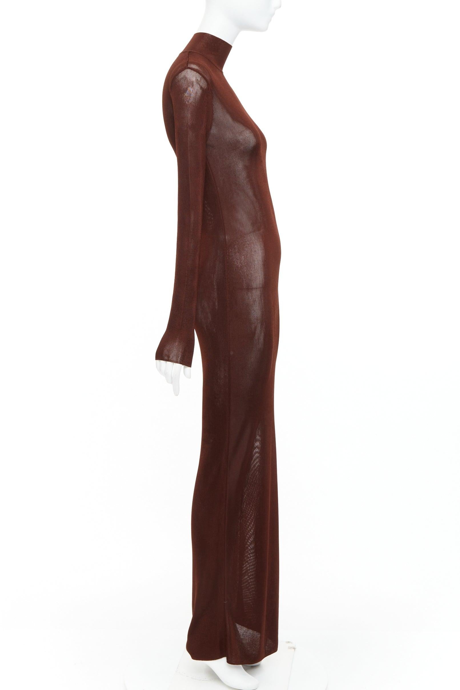 SAINT LAURENT 2023 Runway chocolat brun foncé robe longue à encolure fantaisie en maille transparente S Pour femmes en vente