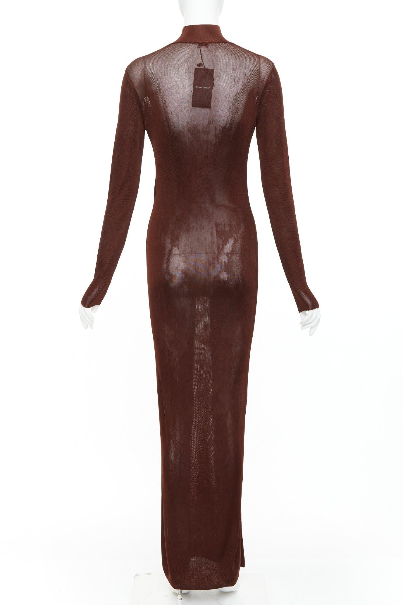 SAINT LAURENT 2023 Runway chocolat brun foncé robe longue à encolure fantaisie en maille transparente S en vente 1