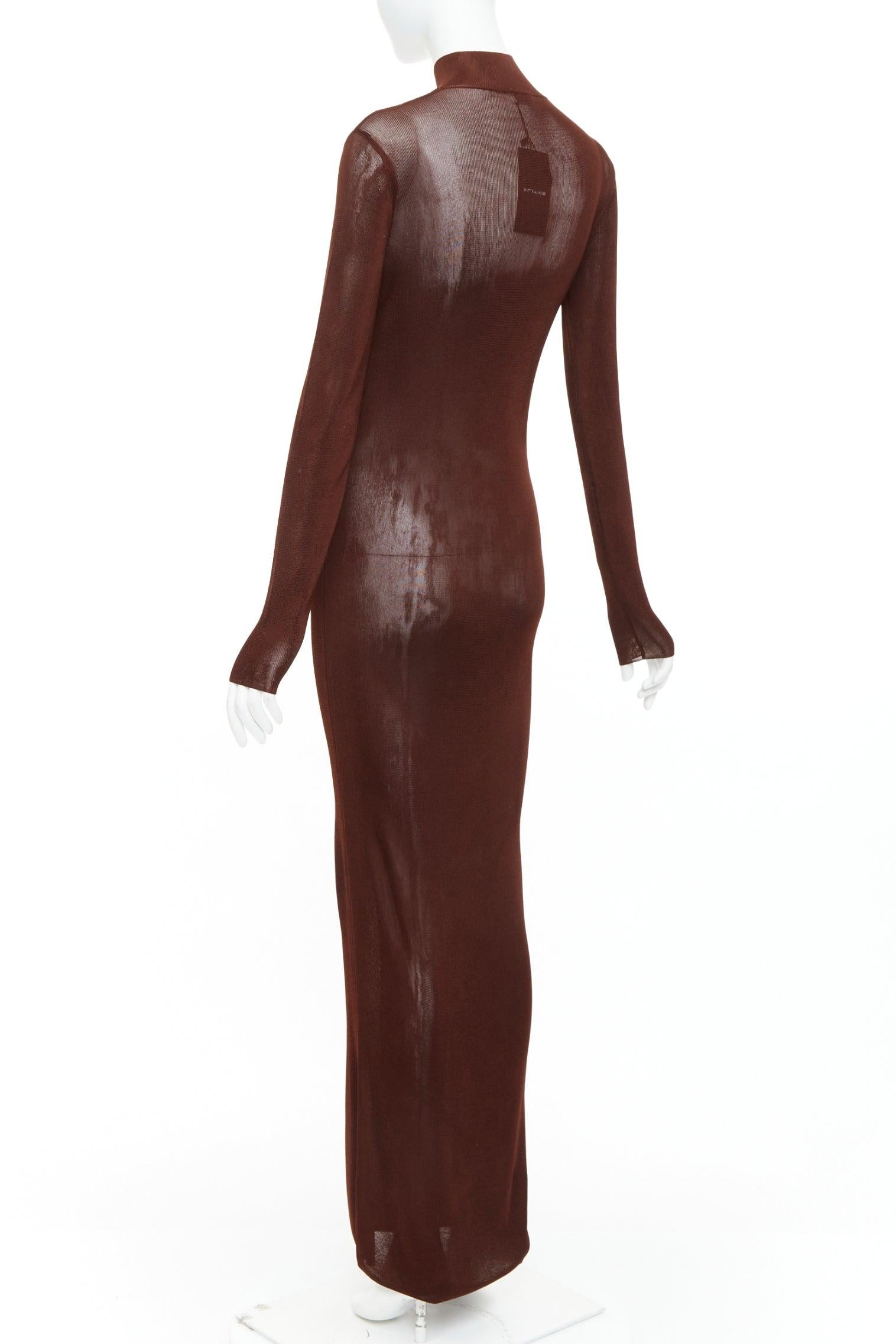 SAINT LAURENT 2023 Runway chocolat brun foncé robe longue à encolure fantaisie en maille transparente S en vente 2
