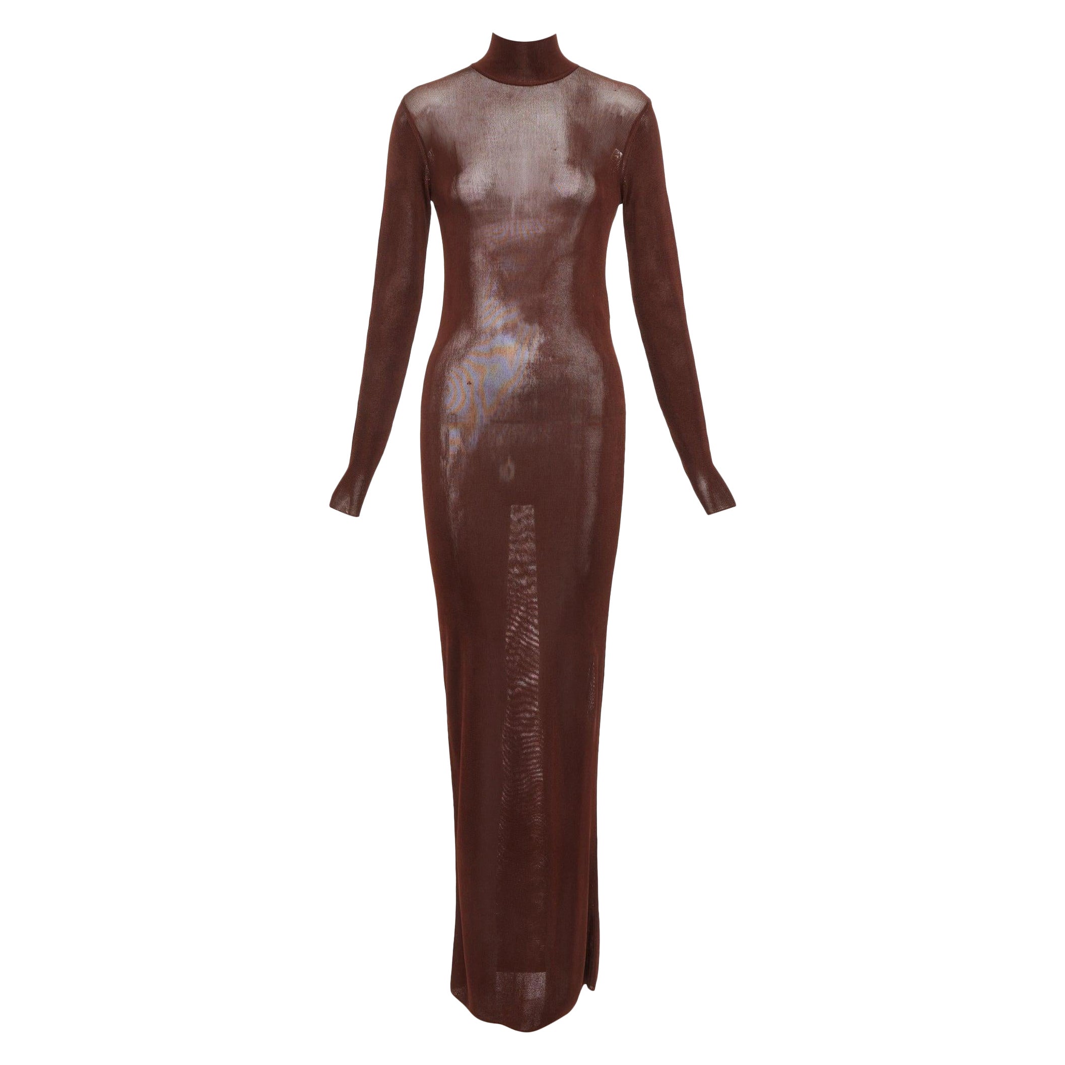 SAINT LAURENT 2023 Runway chocolate dark brown mock neck sheer knit maxi dress S