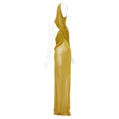 SAINT LAURENT 2023 Runway gold hooded draped maxi sheer dress FR34 XS