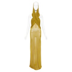 SAINT LAURENT 2023 Runway gold hooded draped maxi sheer dress FR34 XS
