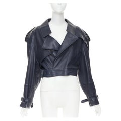SAINT LAURENT 2023 Runway navy blue lambskin Power belted cropped biker jacket