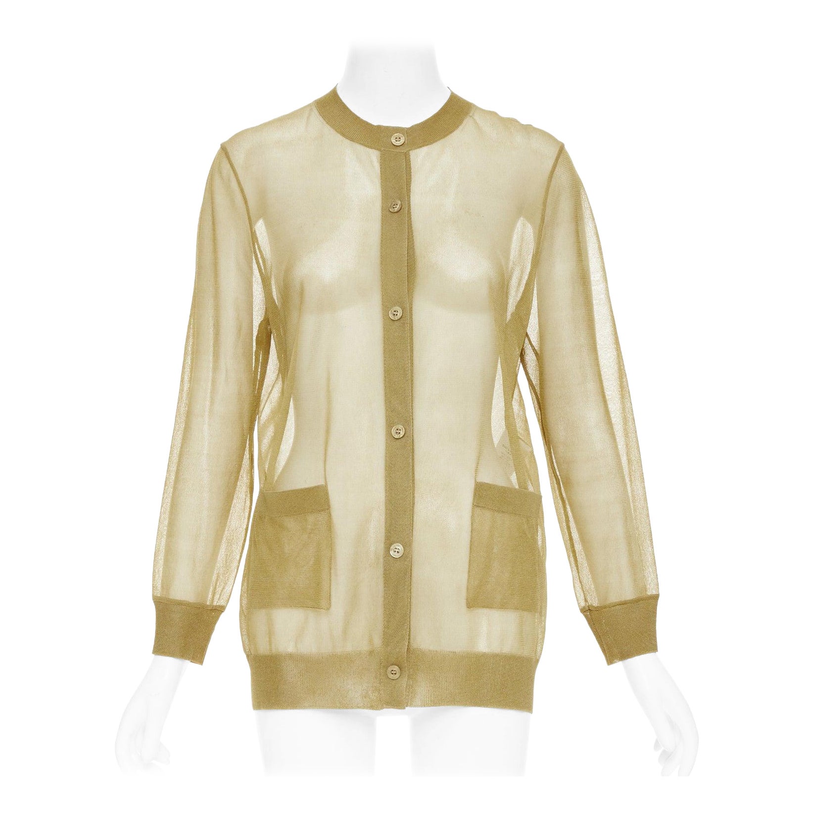 SAINT LAURENT 2024 100% Seide  beige-goldene durchsichtige Strickjacke mit Rundhalsausschnitt L im Angebot