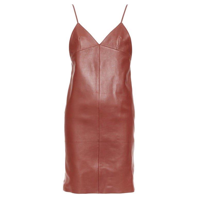 SAINT LAURENT 2024 Goji lambskin leather plunge low cut back slip dress  FR34 XS For Sale at 1stDibs