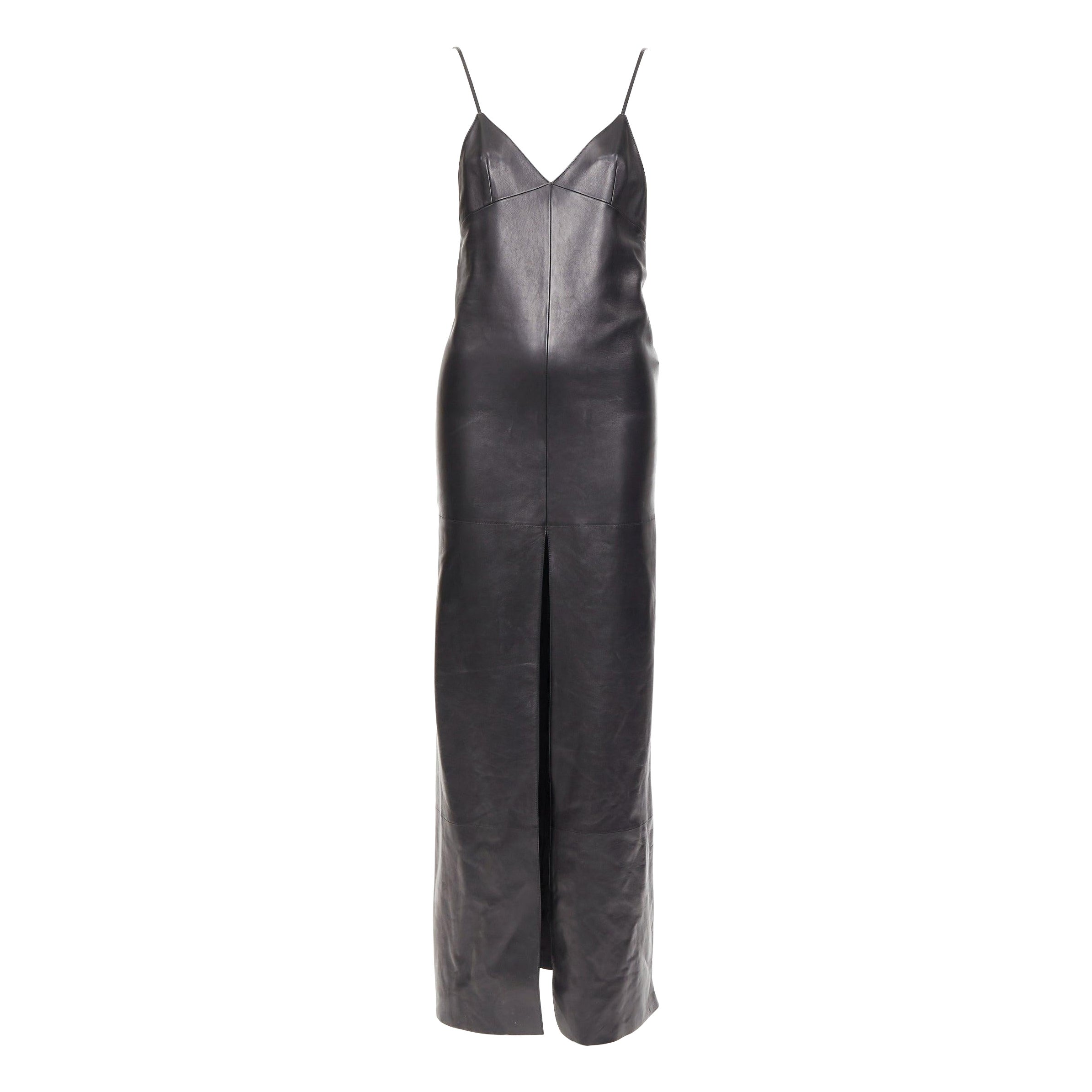 SAINT LAURENT 2024 lambskin leather low cut back slit slip gown dress FR34 XS