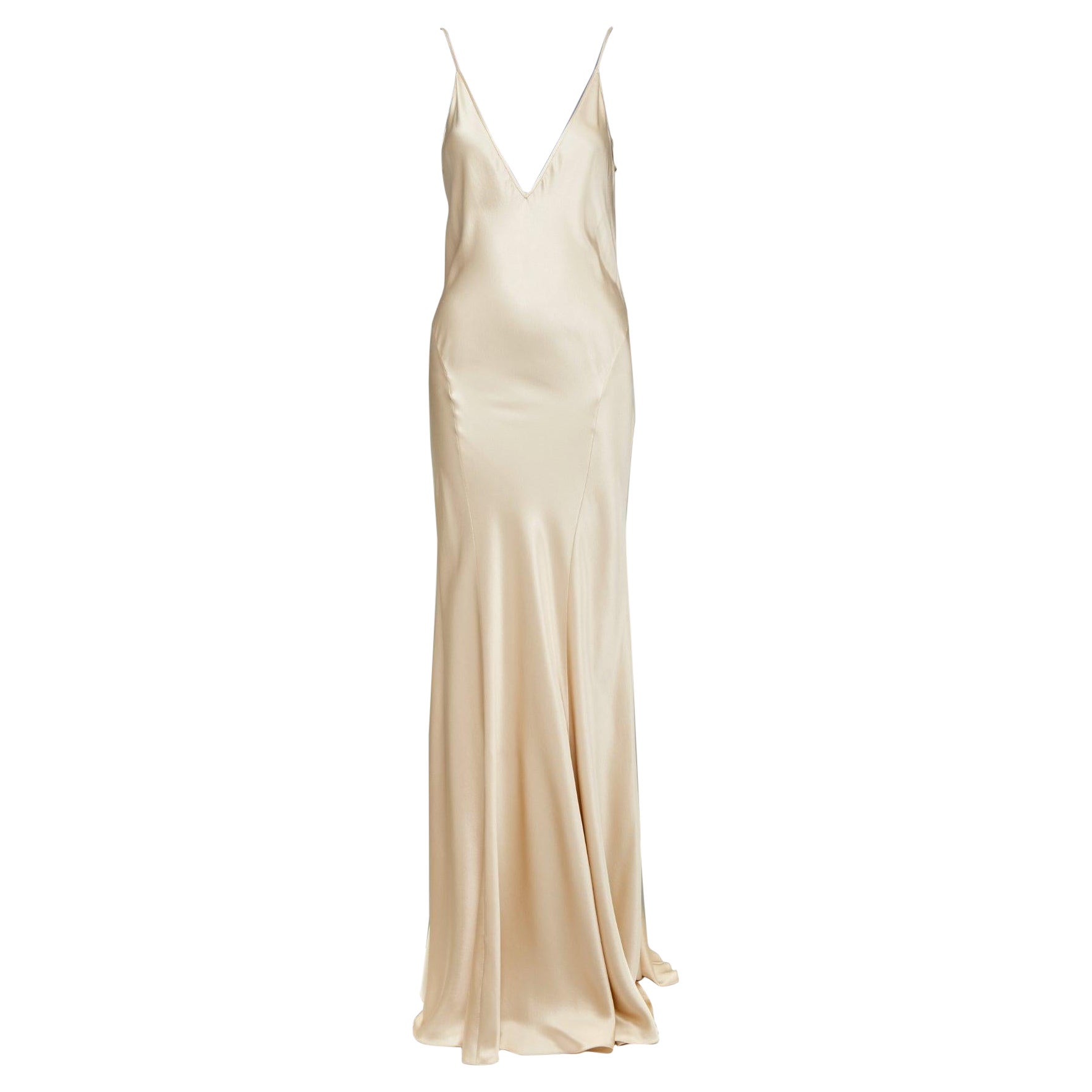 SAINT LAURENT 2024 rose champagne satin plunge contour panel slip gown FR36 S