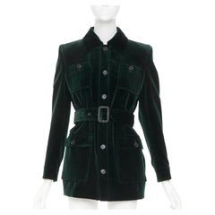 SAINT LAURENT 2025 Saharienne emeraude green belted cotton velvet jacket FR34 XS