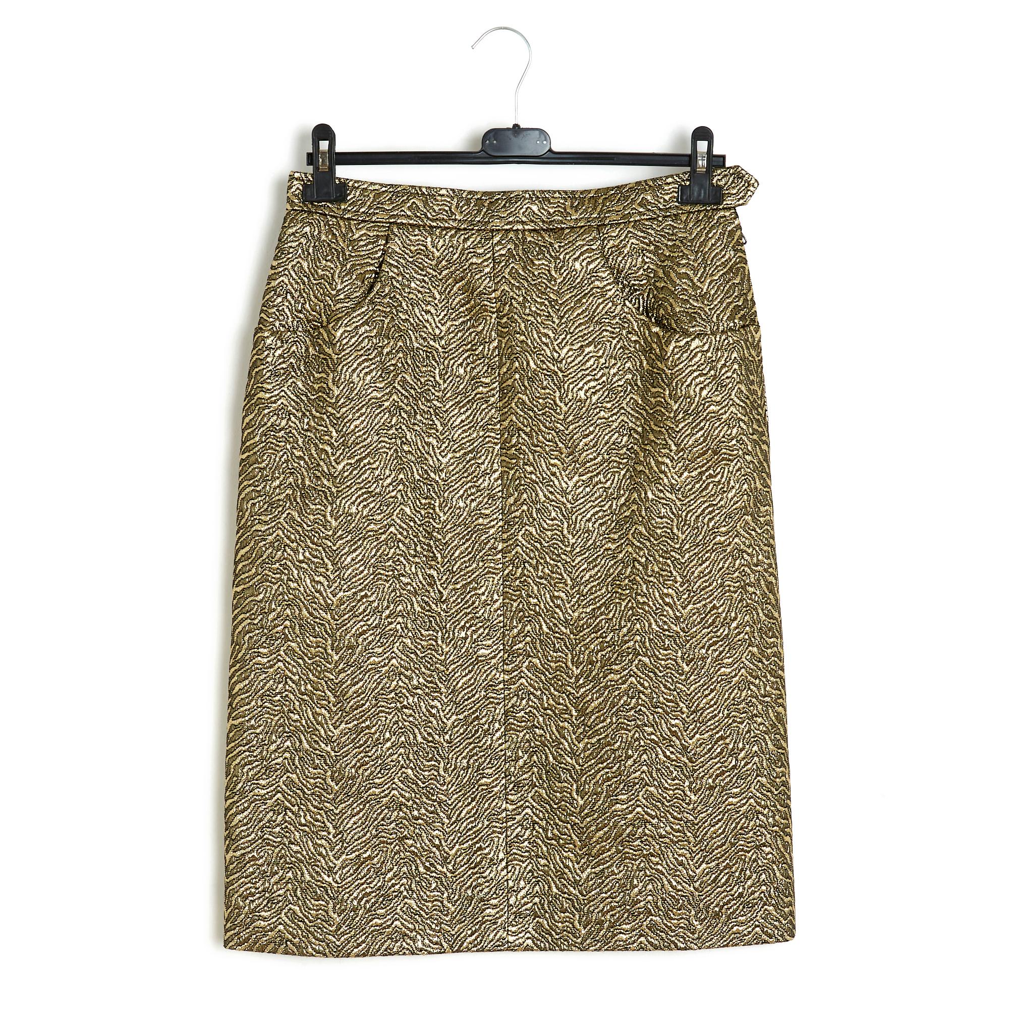Saint Laurent 86A Set FR40 Jacket Skirt Gold Brocade For Sale 1