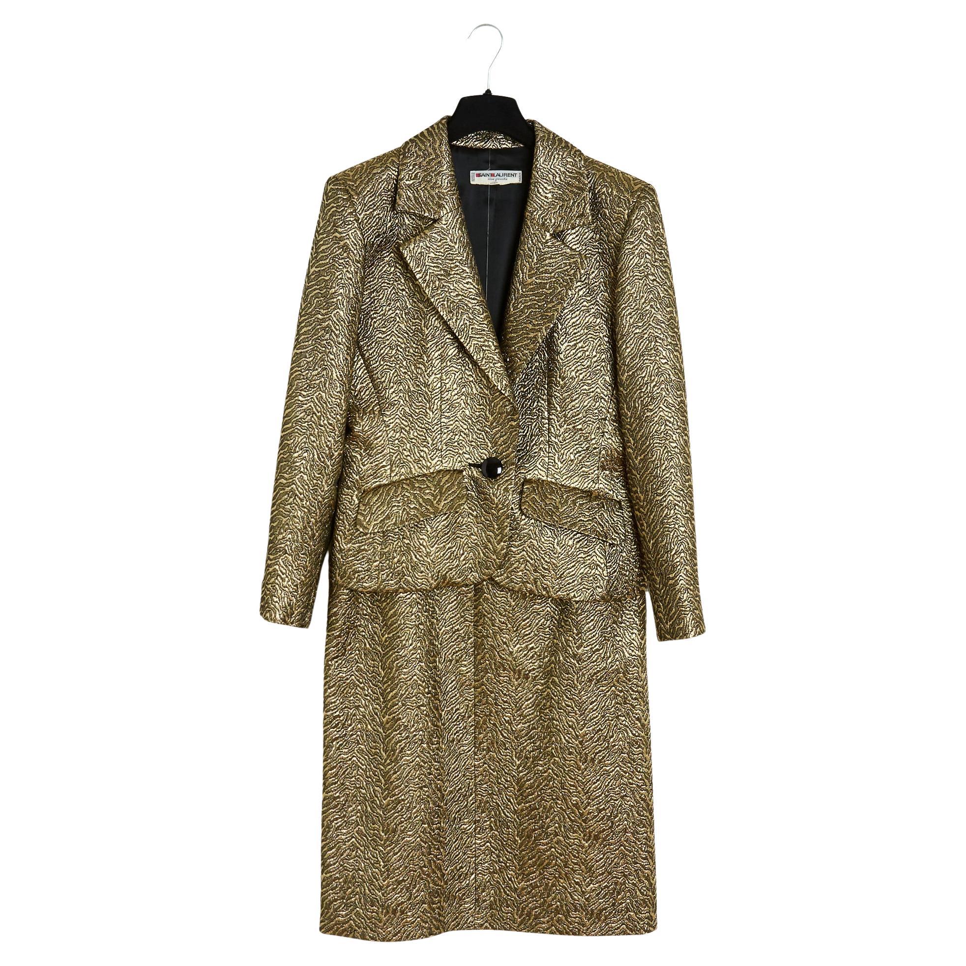 Saint Laurent 86A Set FR40 Jacket Skirt Gold Brocade For Sale