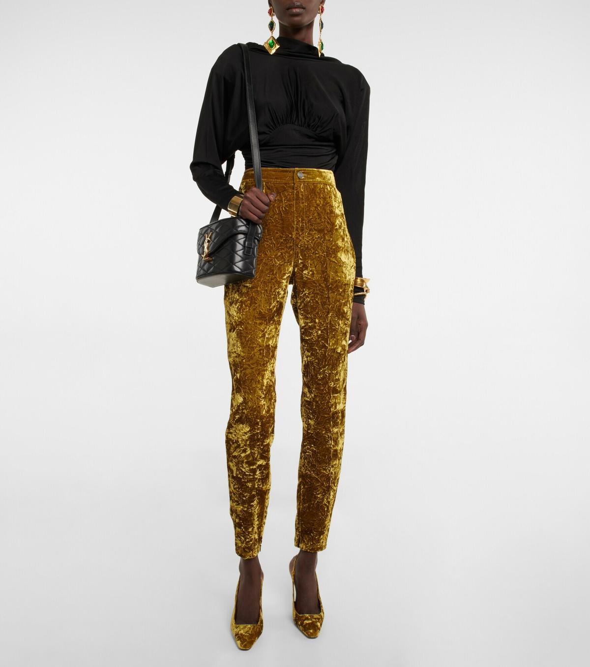 SAINT LAURENT Giallo assenzio 2022 CRUSHED VELVET SLIM Pants 40 M. in vendita 3