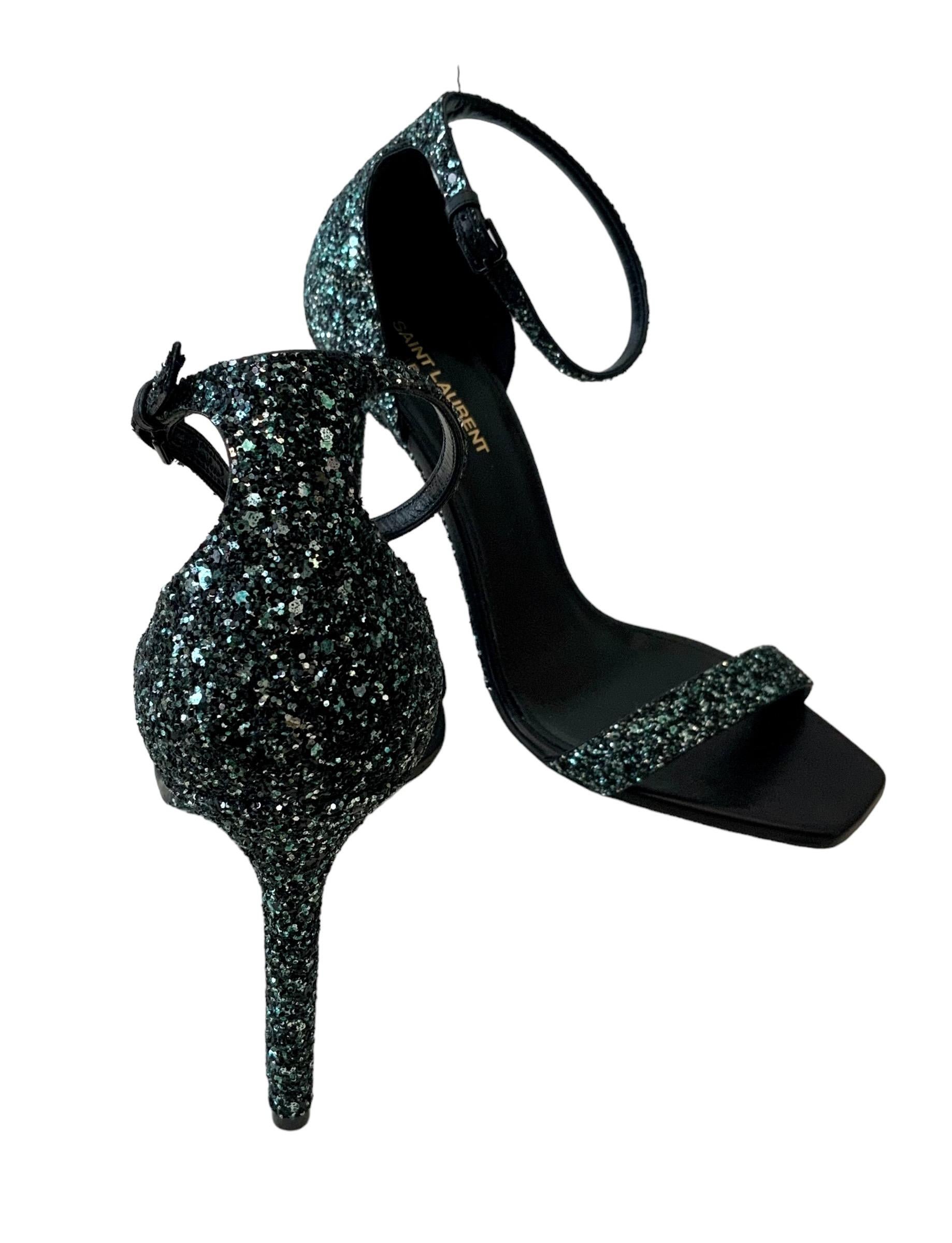 Saint Laurent Amber 105 Glitter Strap Sandals For Sale 4