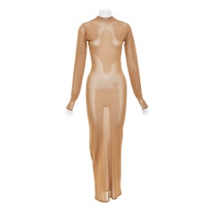 SAINT LAURENT Anthony Vaccarello 2022 brown crew neck semi sheer maxi dress S