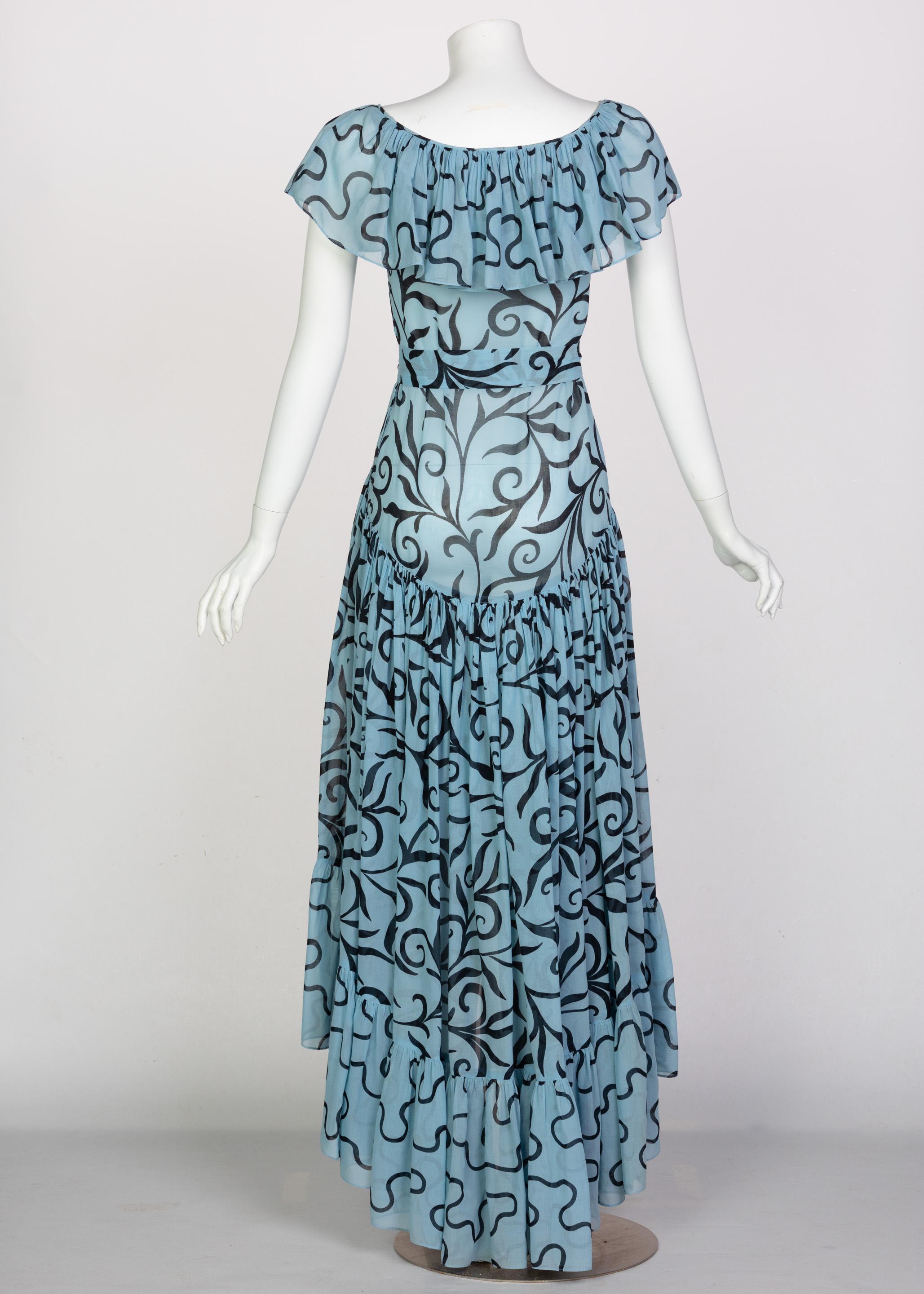 Saint Laurent Arabesque Print Blue Black Ruffle Collar Maxi Dress YSL, 1980s In Excellent Condition In Boca Raton, FL