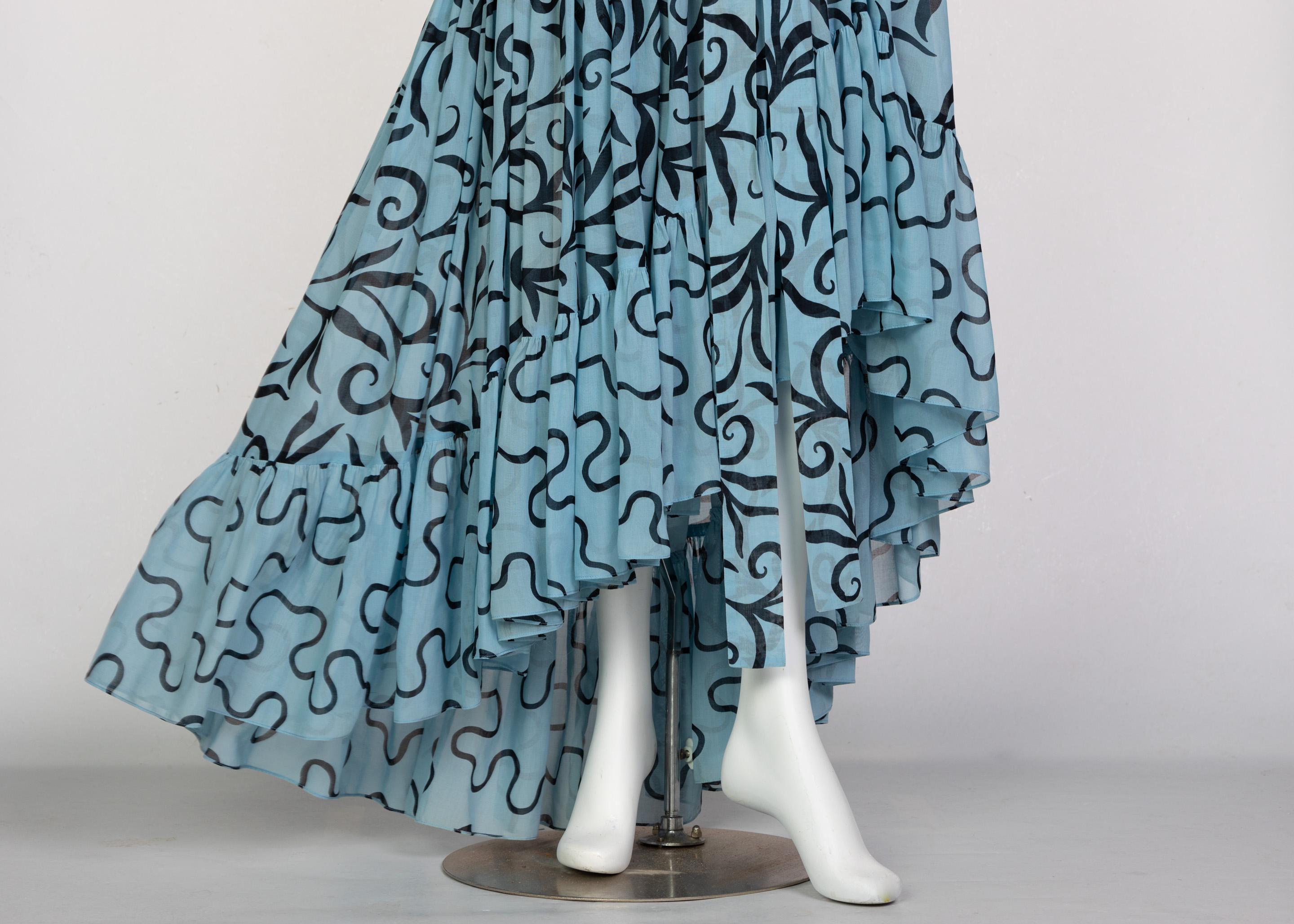 Saint Laurent Arabesque Print Blue Black Ruffle Collar Maxi Dress YSL, 1980s 2