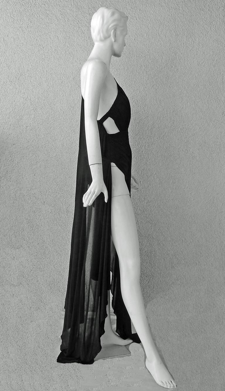 Black Saint Laurent Asymmetric Cut-Out Chiffon Overlay Gown Dress For Sale