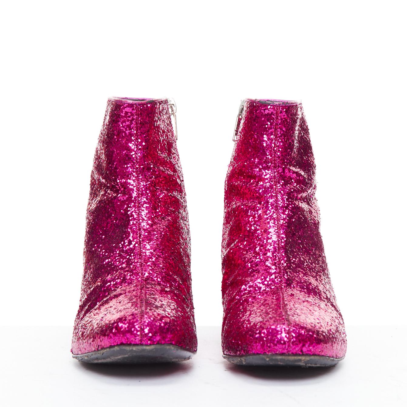 Rose SAINT LAURENT Babies 40mm hot pink glitter chunky heel chelsea boots EU38.5 en vente