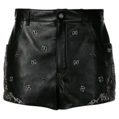 Saint Laurent Bandana Embroidery Black Leather High Waisted Mini Shorts Size 38