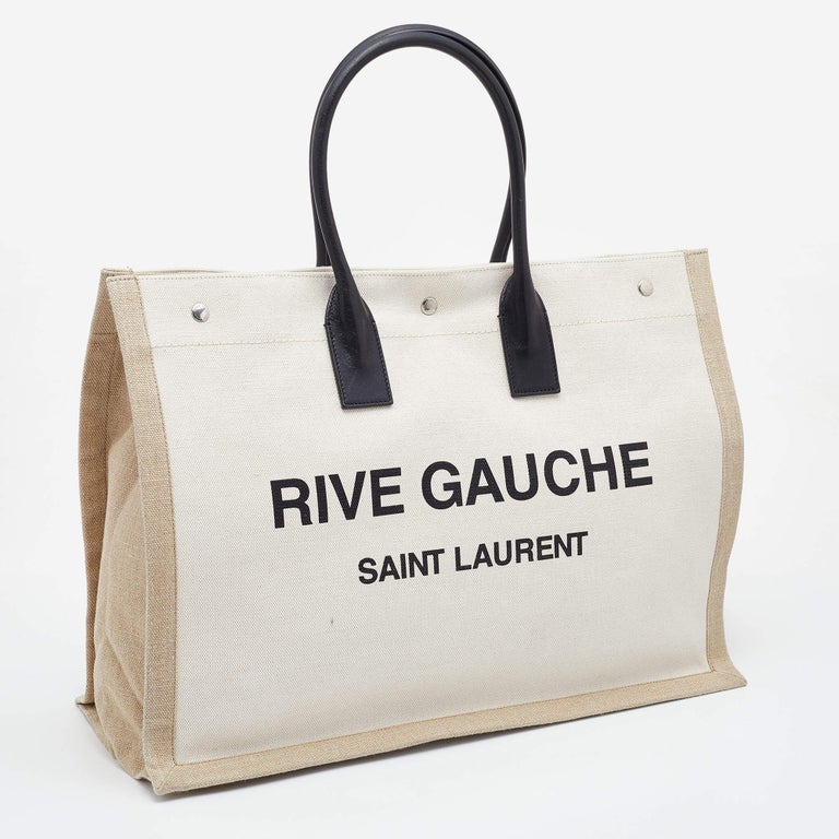 Saint Laurent Beige/Black Linen and Leather Rive Gauche Shopper Tote at  1stDibs