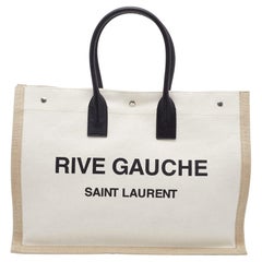 Saint Laurent Beige/Black Linen and Leather Rive Gauche Shopper Tote