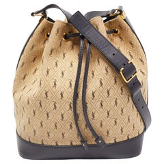 Saint Laurent Beige/Black Monogram Canvas and Leather Drawstring Bucket Bag