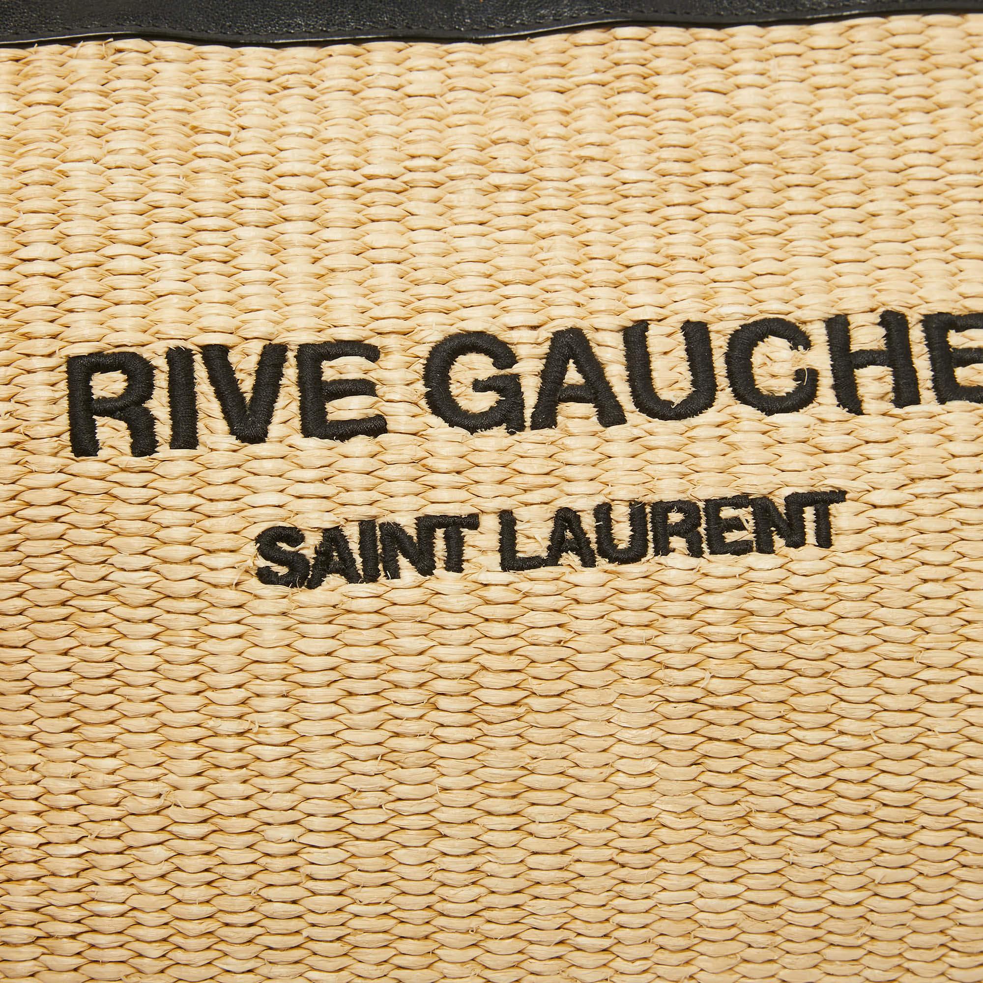 Saint Laurent Beige/Black Raffia and Leather Rive Gauche Zip Wristlet Pouch For Sale 8