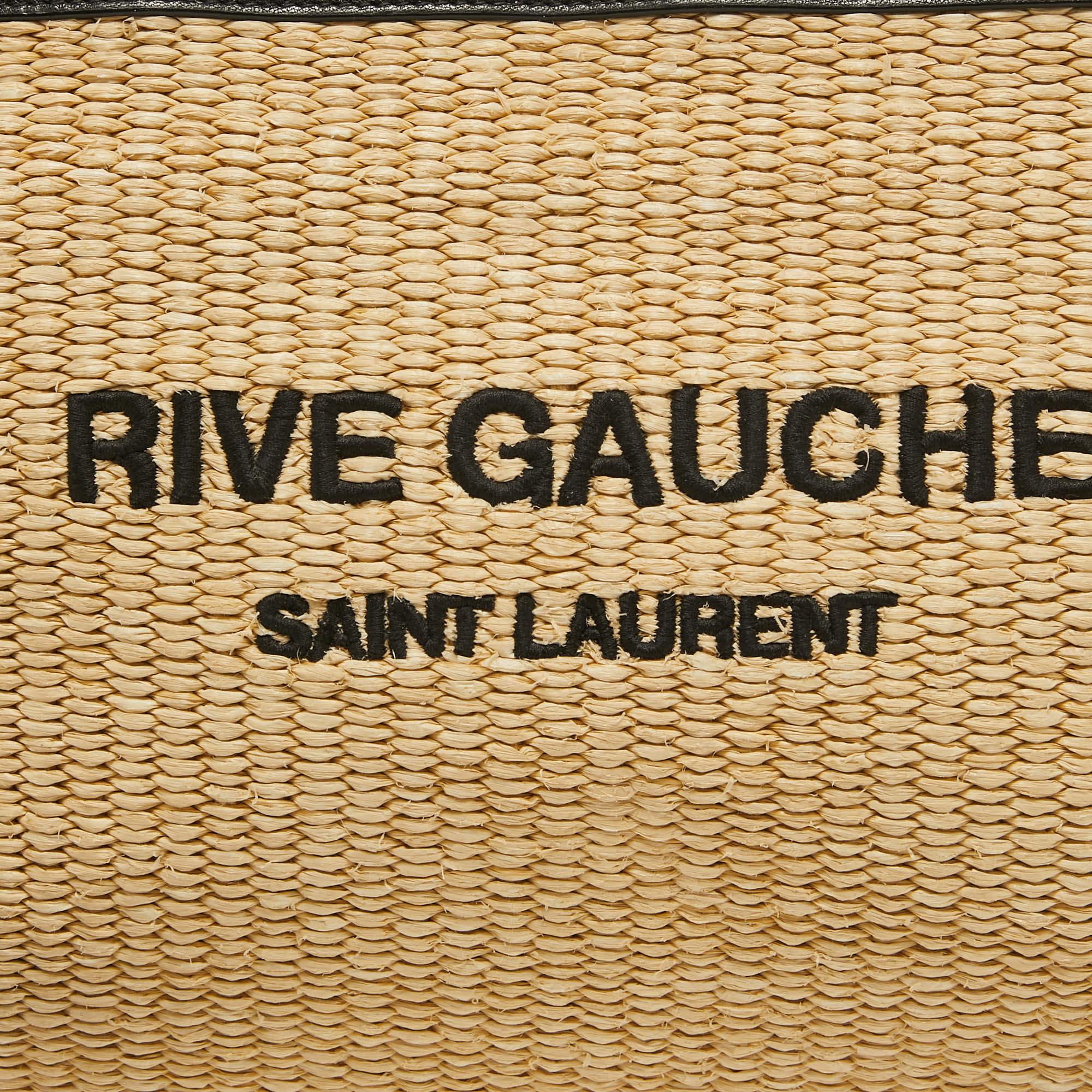 Saint Laurent Beige/Black Raffia and Leather Rive Gauche Zip Wristlet Pouch In Good Condition In Dubai, Al Qouz 2
