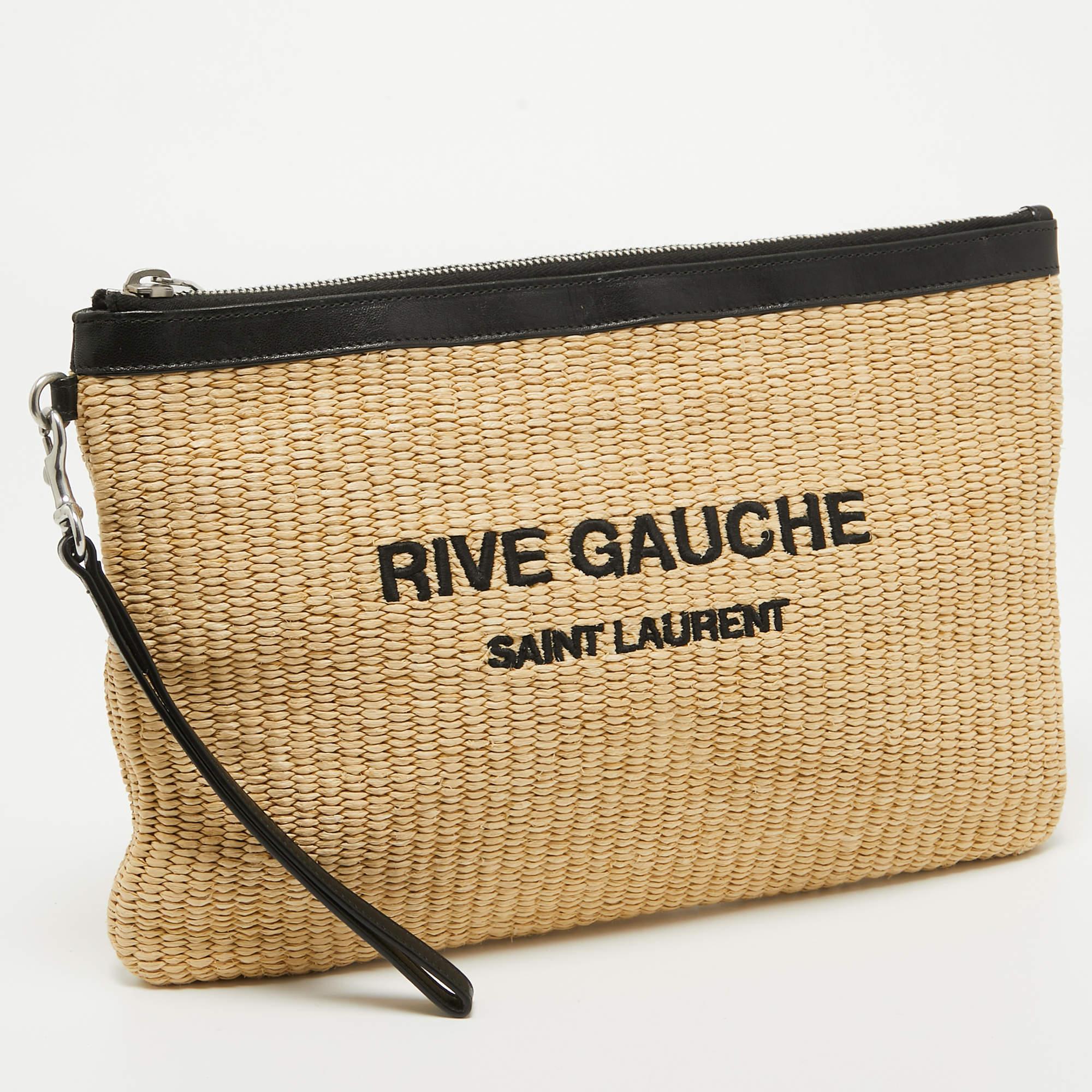 Women's Saint Laurent Beige/Black Raffia and Leather Rive Gauche Zip Wristlet Pouch For Sale
