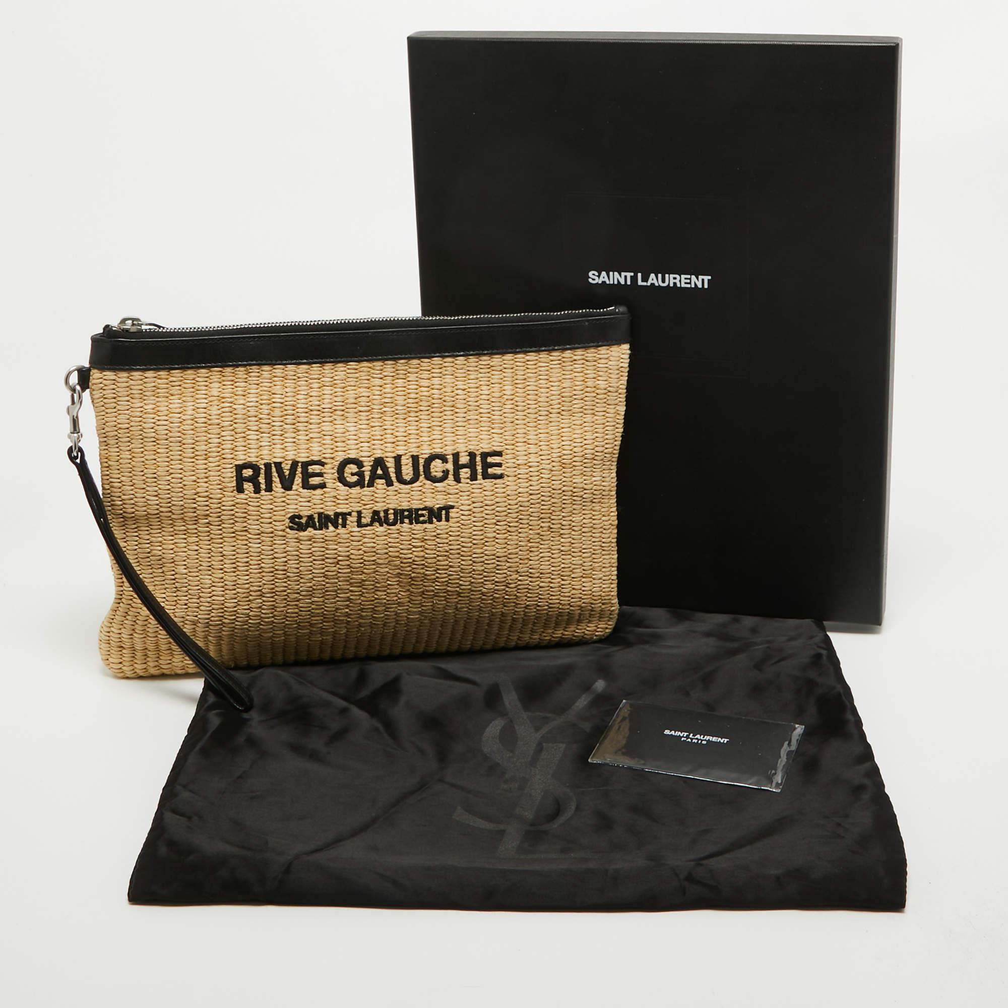Saint Laurent Beige/schwarzes Raffia und Leder Rive Gauche Handtäschchen mit Reißverschluss im Angebot 1