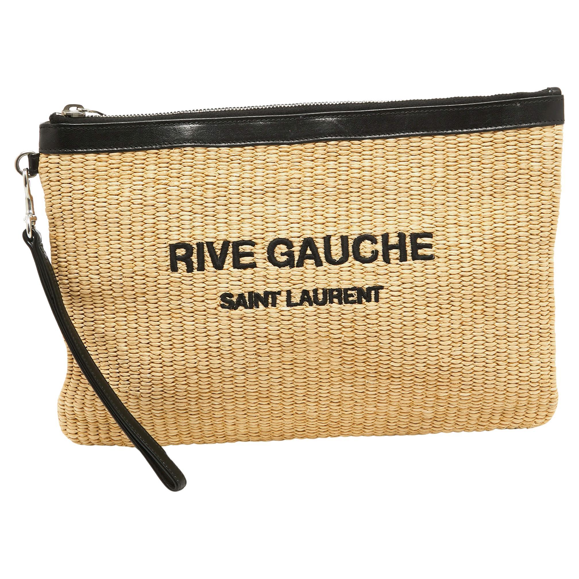 Saint Laurent Beige/schwarzes Raffia und Leder Rive Gauche Handtäschchen mit Reißverschluss im Angebot