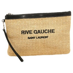 Saint Laurent Beige/Noir Raffia and Leather Rive Gauche Zip Wristlet Pouch