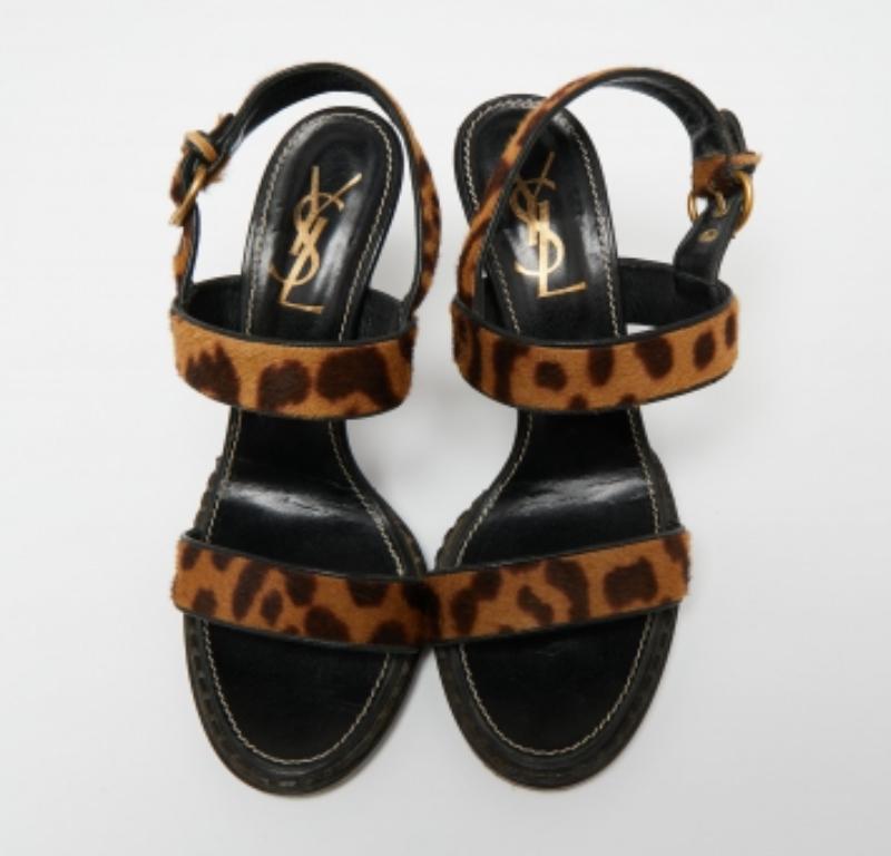 Black Saint Laurent Beige/Brown Leopard Print Calf Hair Slingback Sandals Size 41 For Sale