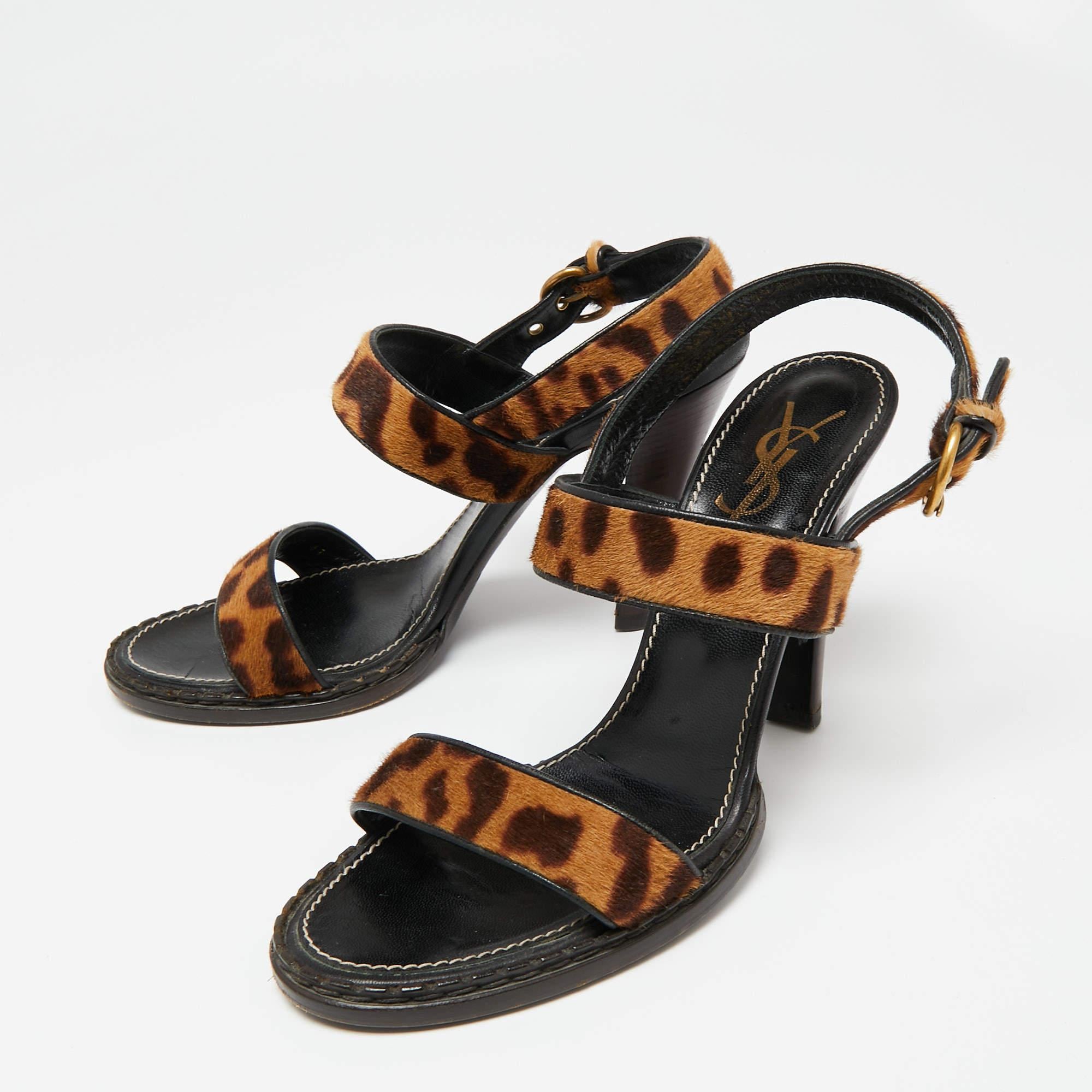 Women's Saint Laurent Beige/Brown Leopard Print Calf Hair Slingback Sandals Size 41 For Sale