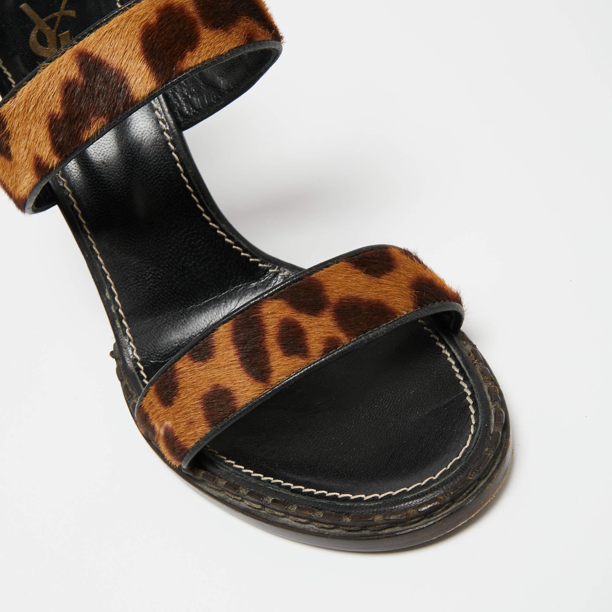 Saint Laurent Beige/Brown Leopard Print Calf Hair Slingback Sandals Size 41 For Sale 2