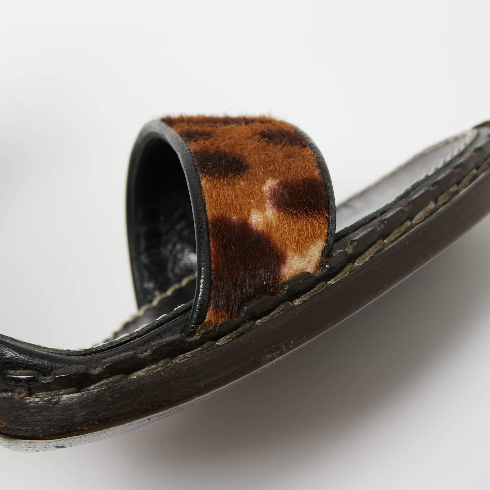 Saint Laurent Beige/Brown Leopard Print Calf Hair Slingback Sandals Size 41 For Sale 4