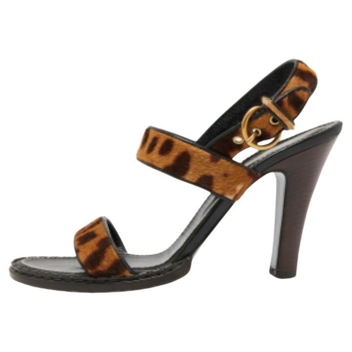 Saint Laurent Beige/Brown Leopard Print Calf Hair Slingback Sandals Size 41 For Sale