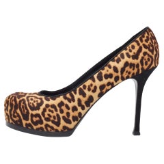 Saint Laurent Beige/Brown Leopard Print Calf Hair Tribtoo Pumps Taglia 39.5