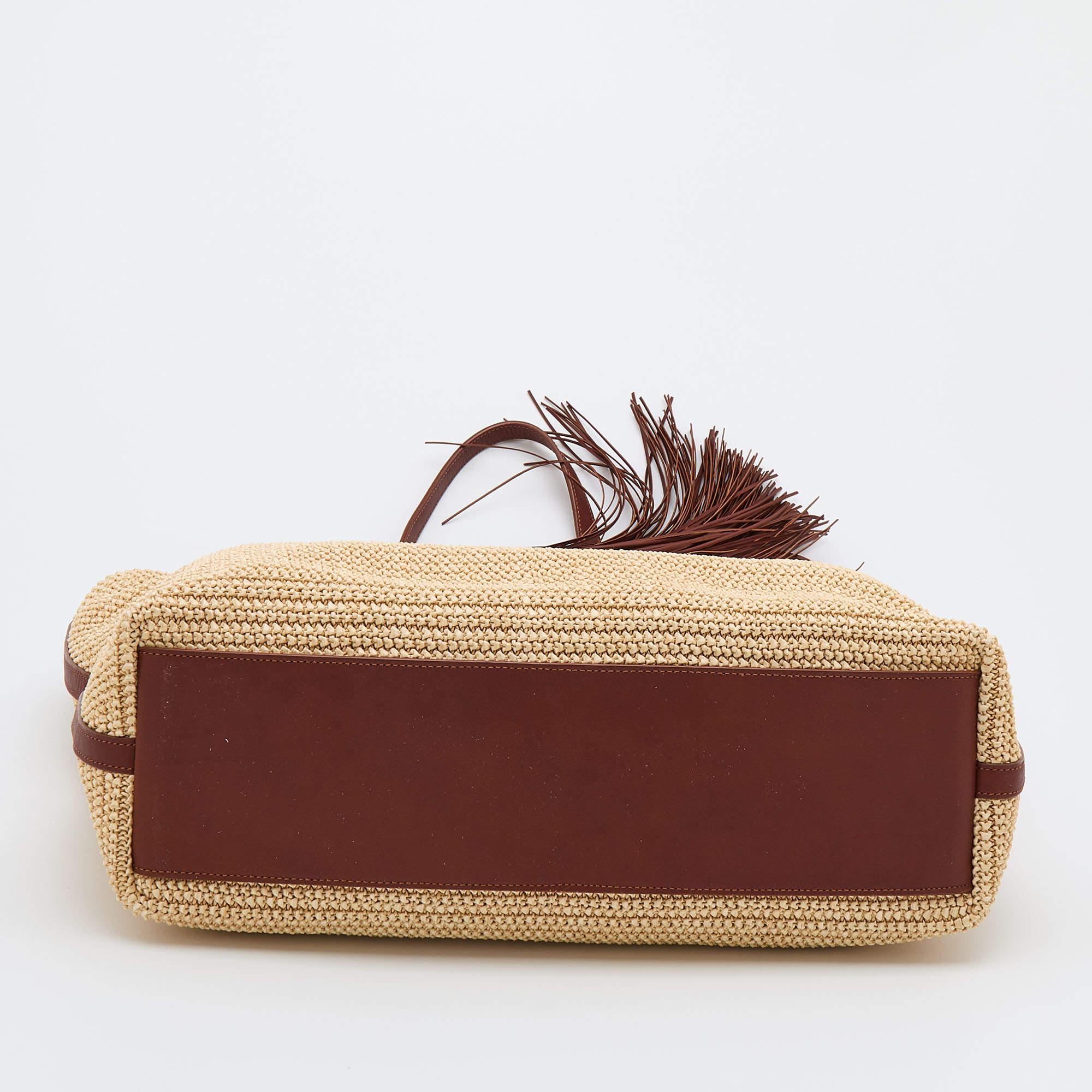 Women's Saint Laurent Beige/Brown Woven Raffia And Leather Tassel Tote