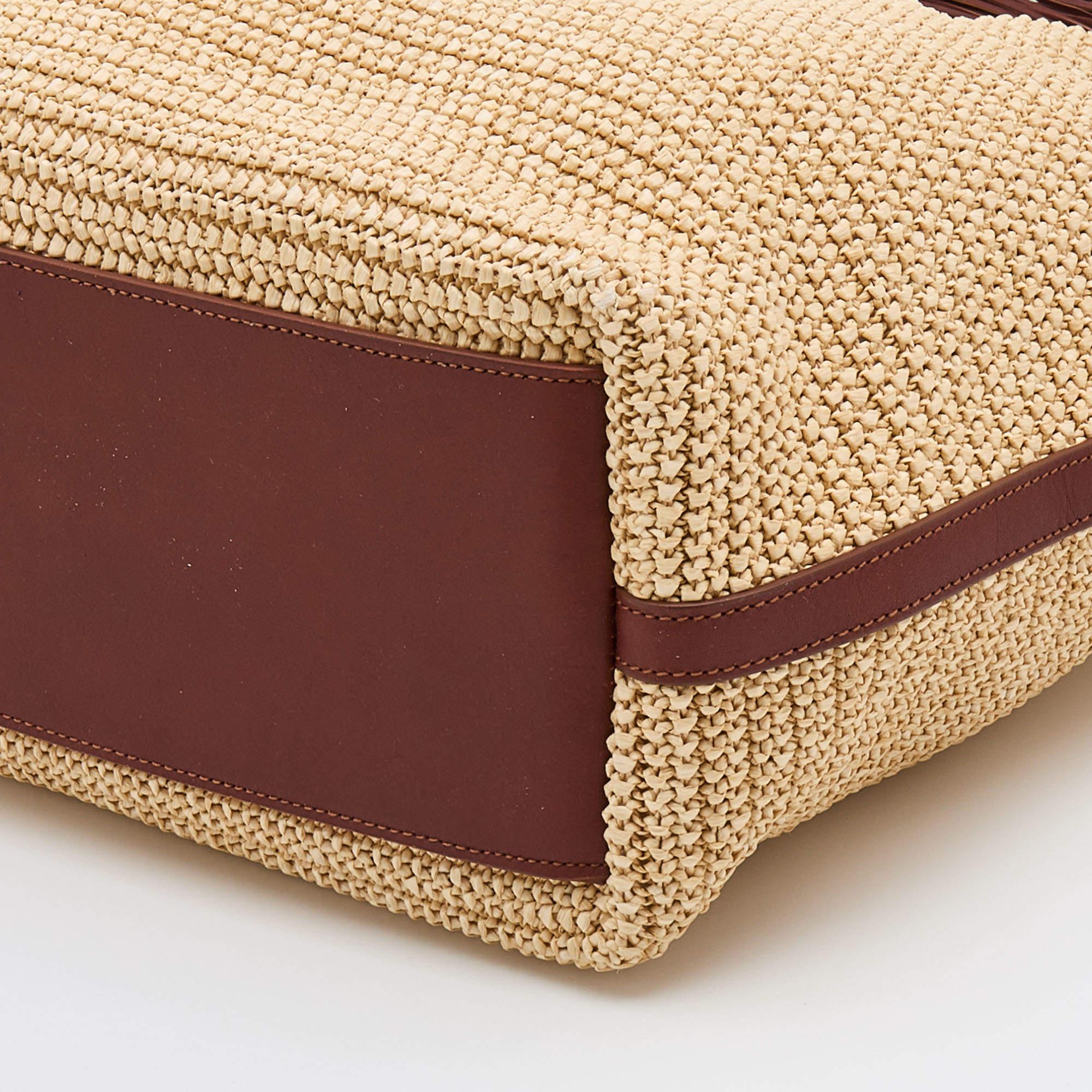 Saint Laurent Beige/Brown Woven Raffia And Leather Tassel Tote 5