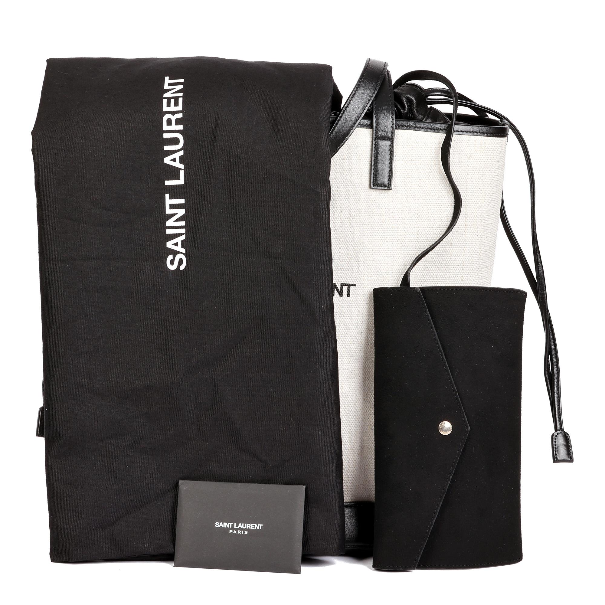 SAINT LAURENT Beige Canvas & Black Calfskin Leather Convertible Teddy Tote 5
