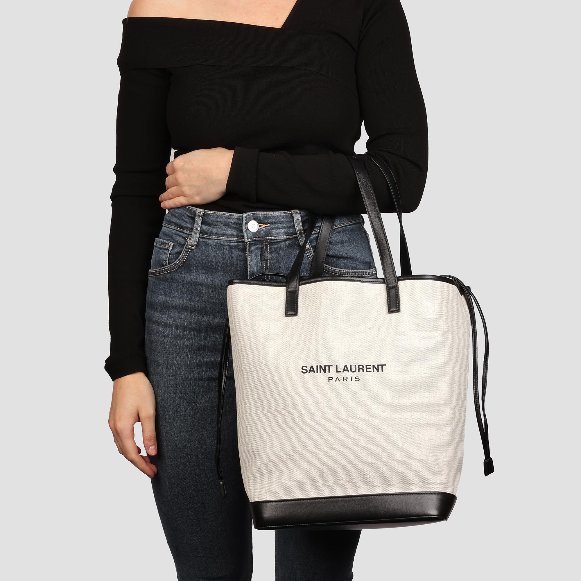SAINT LAURENT Beige Canvas & Black Calfskin Leather Convertible Teddy Tote 6