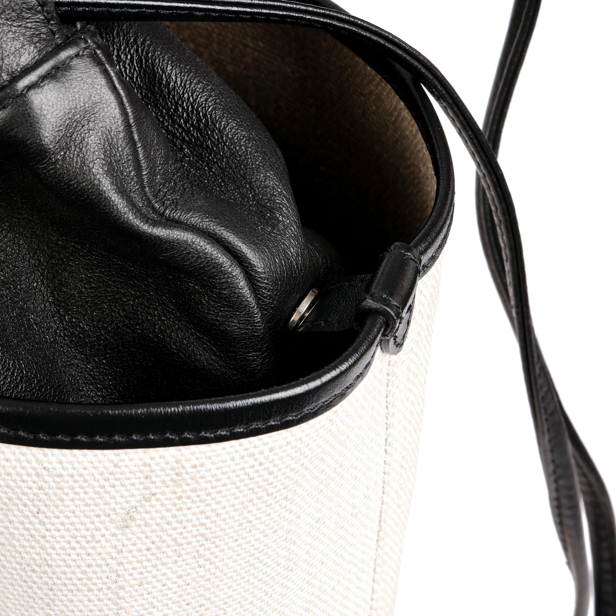 SAINT LAURENT Beige Canvas & Black Calfskin Leather Convertible Teddy Tote In Excellent Condition In Bishop's Stortford, Hertfordshire