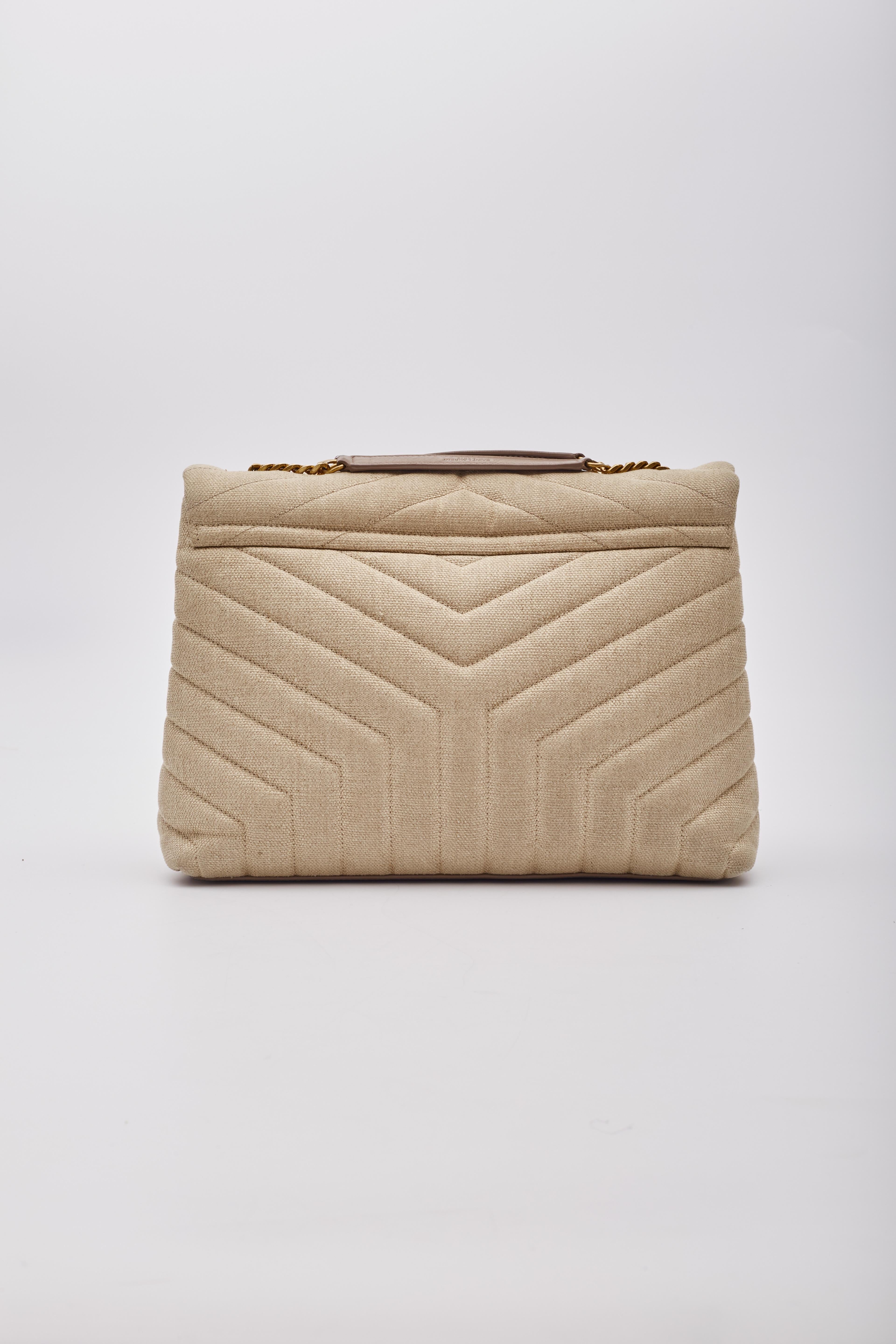 Women's Saint Laurent Beige Chestnut Linen Loulou Shoulder Bag Medium For Sale