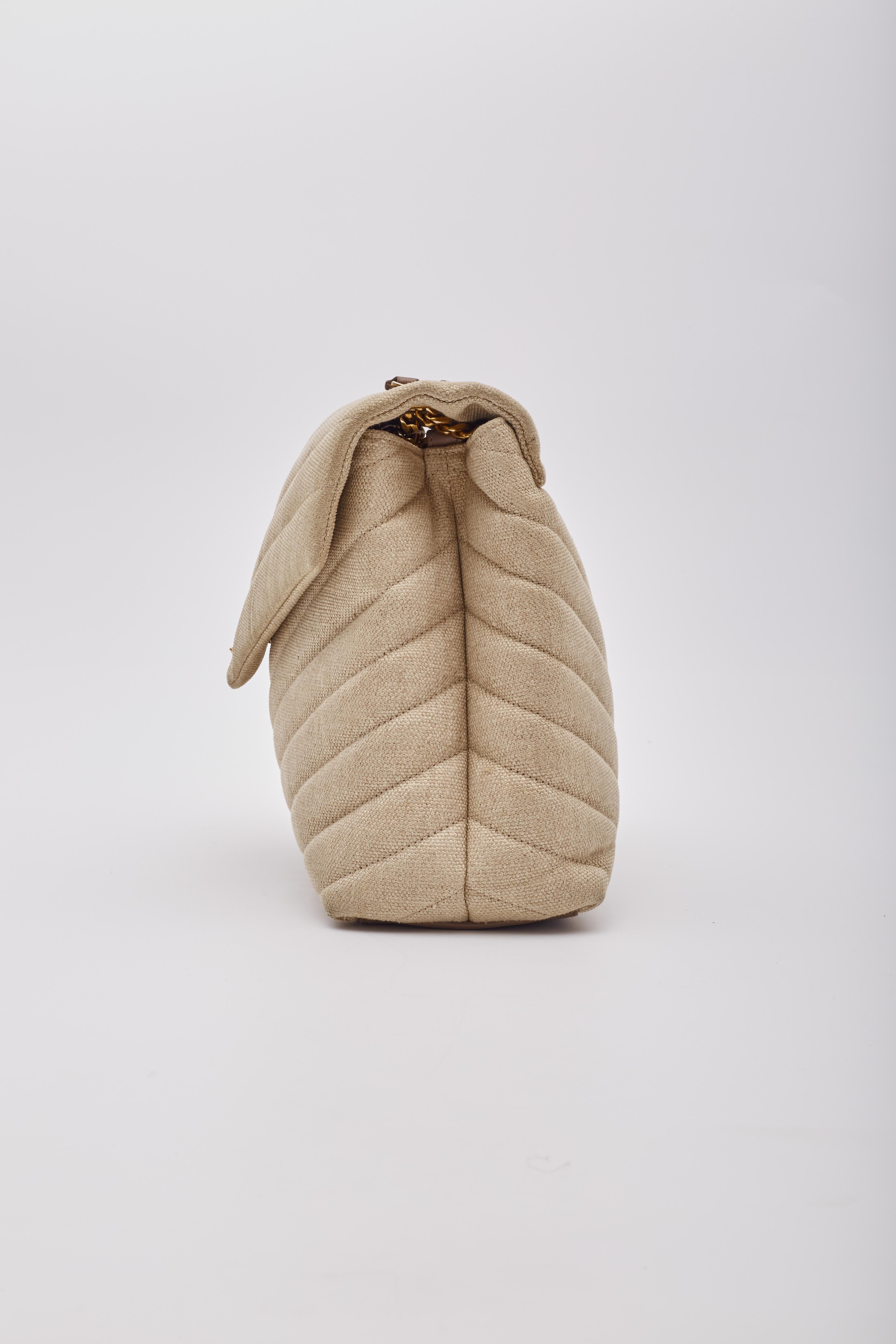 Saint Laurent Beige Chestnut Linen Loulou Shoulder Bag Medium For Sale 2