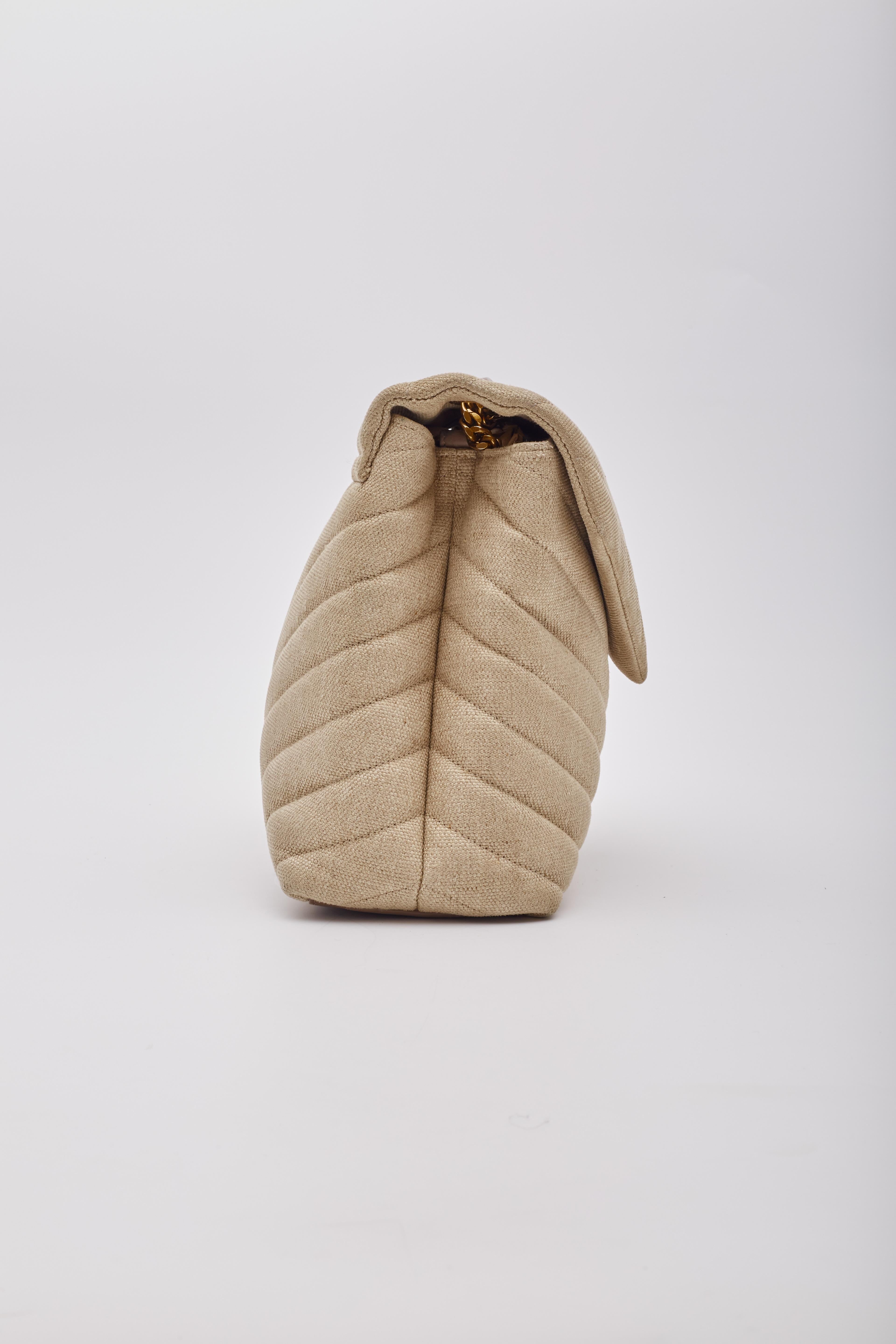 Saint Laurent Beige Chestnut Linen Loulou Shoulder Bag Medium For Sale 3