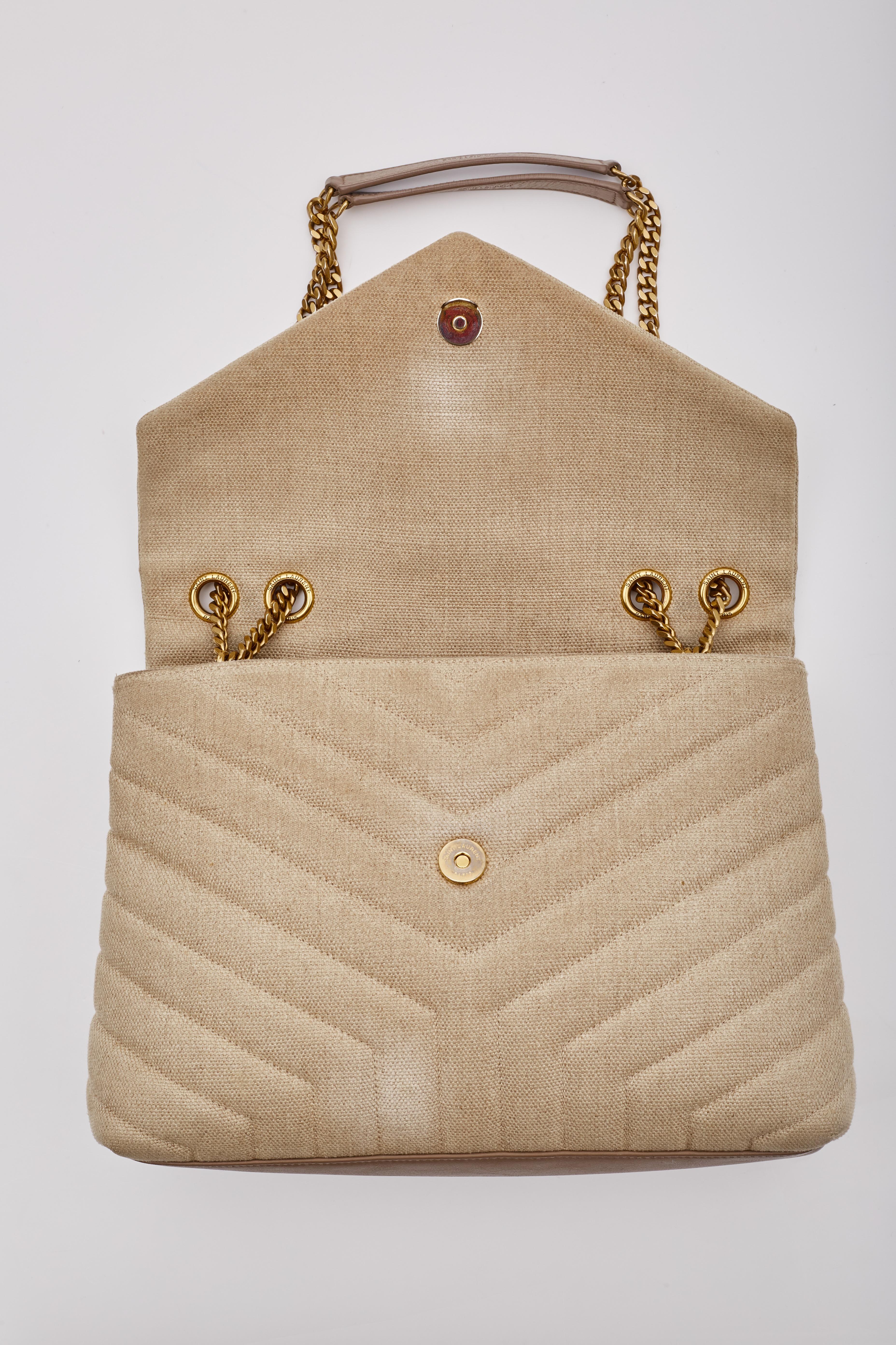 Saint Laurent Beige Chestnut Linen Loulou Shoulder Bag Medium For Sale 5