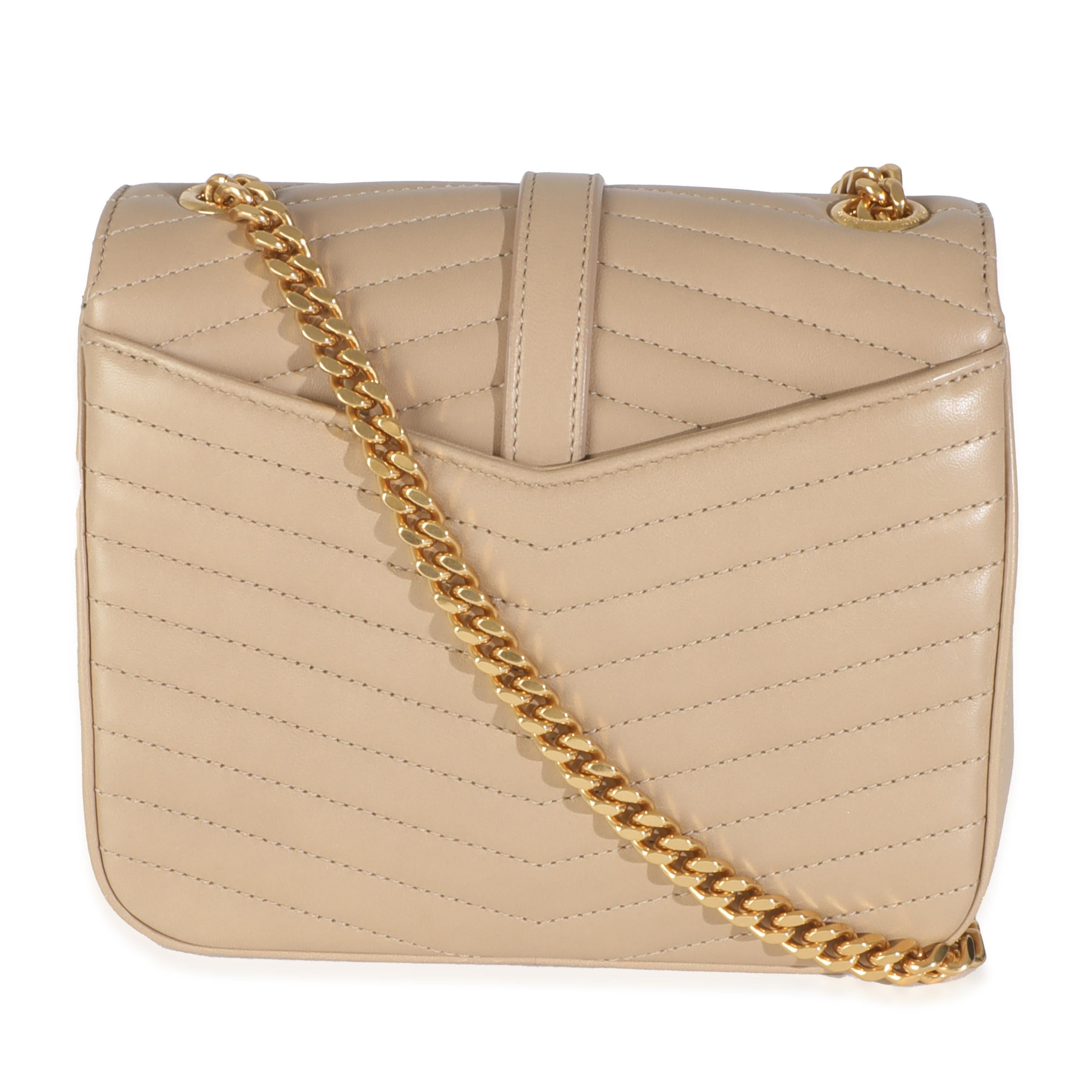 Listing Title: Saint Laurent Beige Chevron Quilted Lambskin Mini Sulpice
SKU: 145376
Condition: Pre-owned 
Handbag Condition: Very Good
Condition Comments: Item is in very good condition with minor signs of wear.  Light scuffing along base and