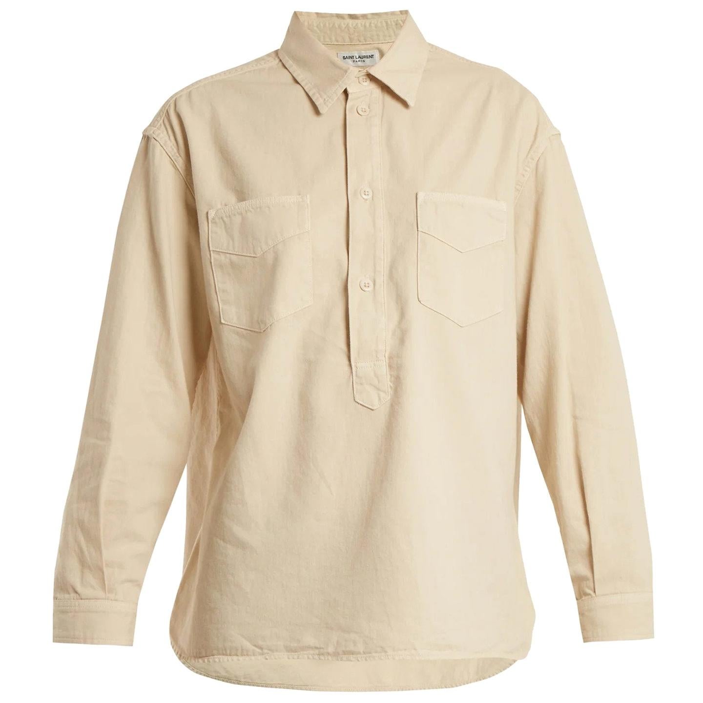 SAINT LAURENT beige cotton Half Button Denim Shirt M