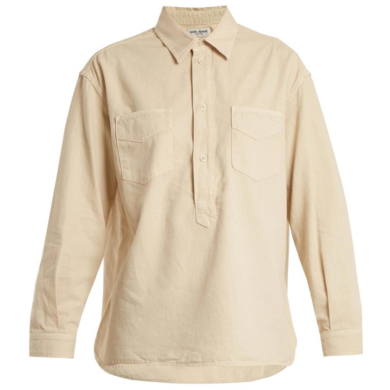 SAINT LAURENT beige cotton Half Button Denim Shirt M For Sale at 1stDibs
